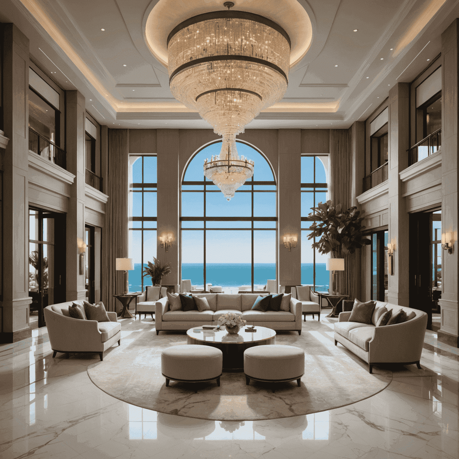 A luxurious hotel lobby with a grand chandelier, marble floors, and comfortable seating areas. The space exudes elegance with its high ceilings, modern artwork, and a view of the ocean through large windows.