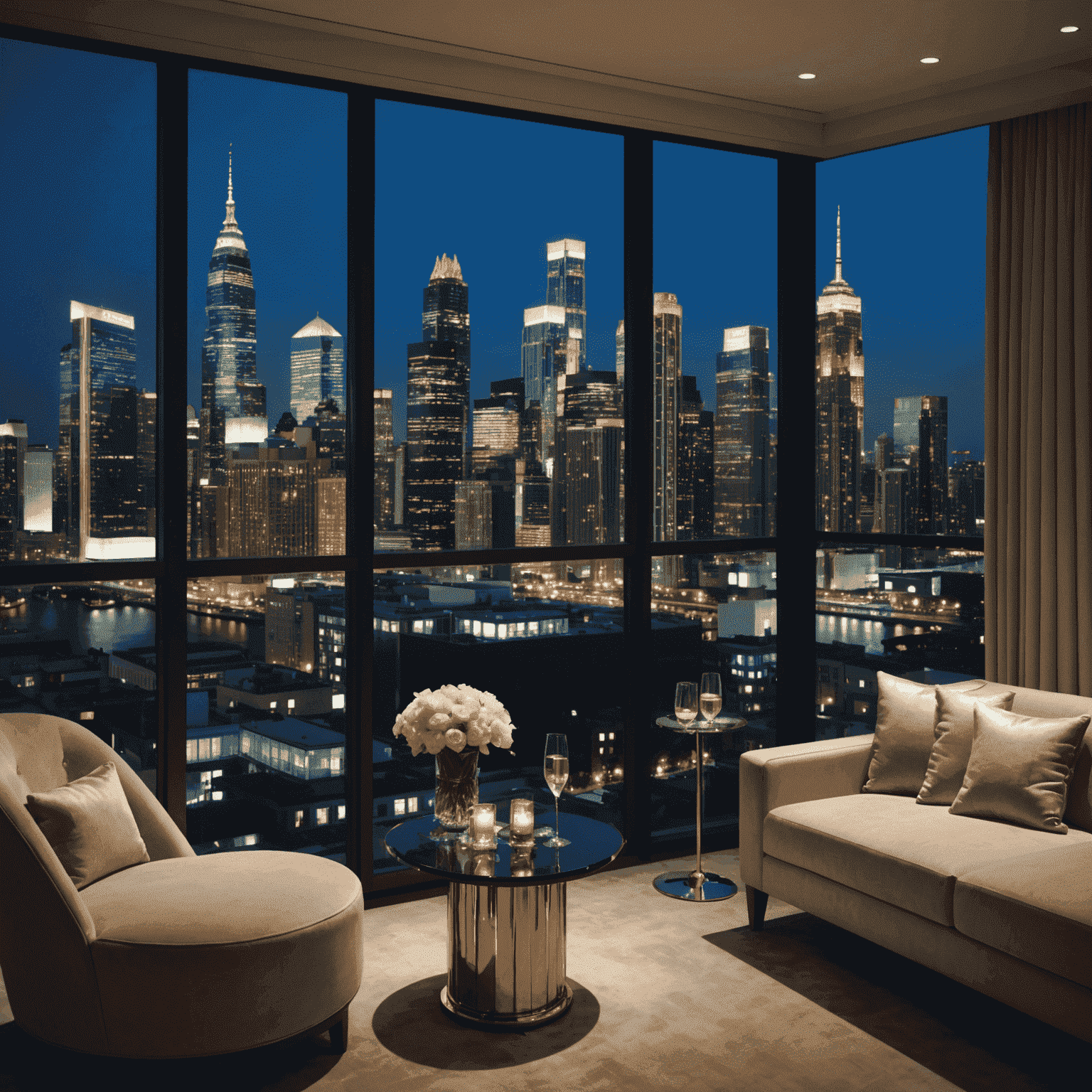 A panoramic view of a city skyline at night, with a luxurious hotel room balcony in the foreground. The room features floor-to-ceiling windows, plush seating, and a champagne bucket, overlooking a glittering cityscape with skyscrapers and twinkling lights.