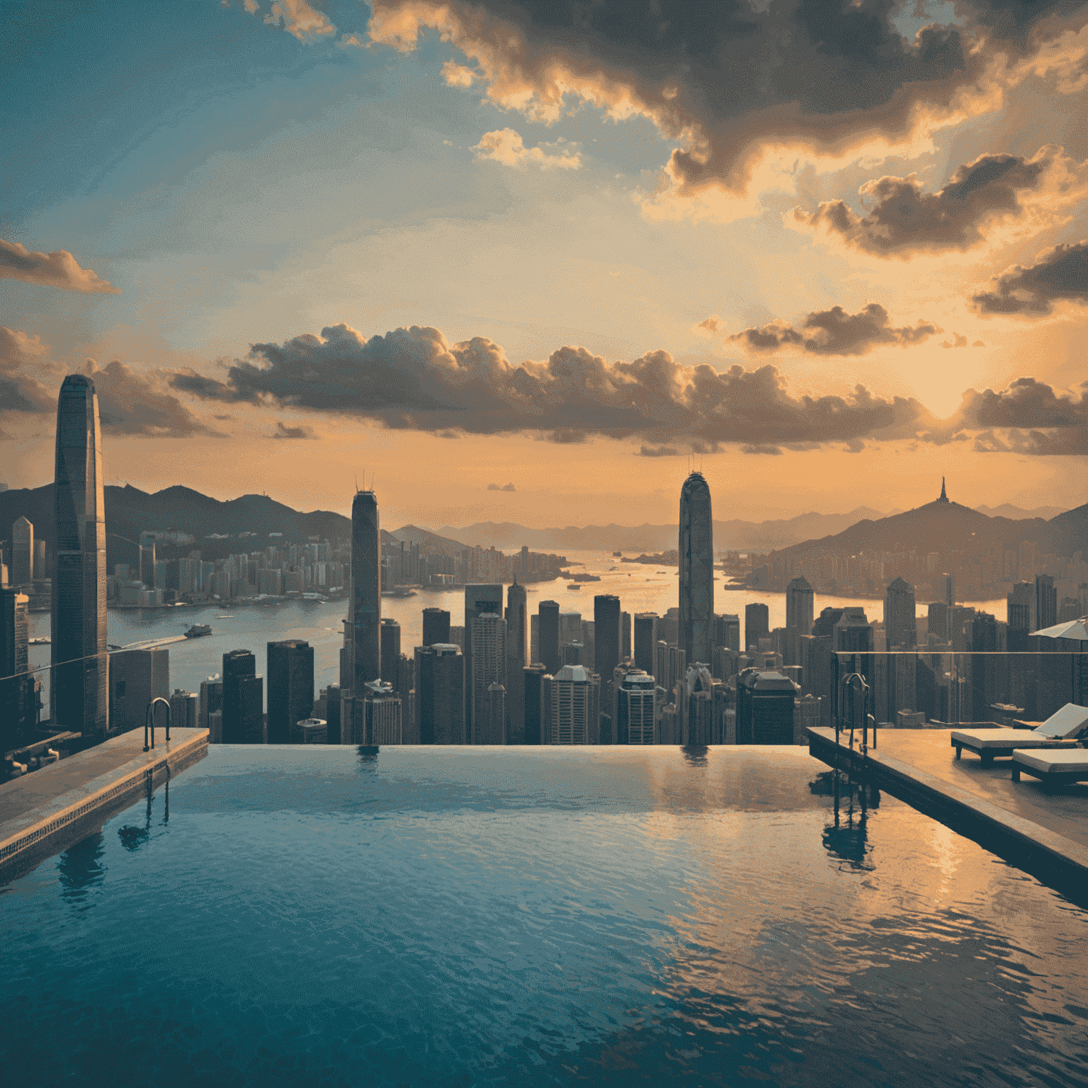 The Ritz-Carlton Hong Kong's infinity pool overlooking Victoria Harbour and the Hong Kong skyline at sunset