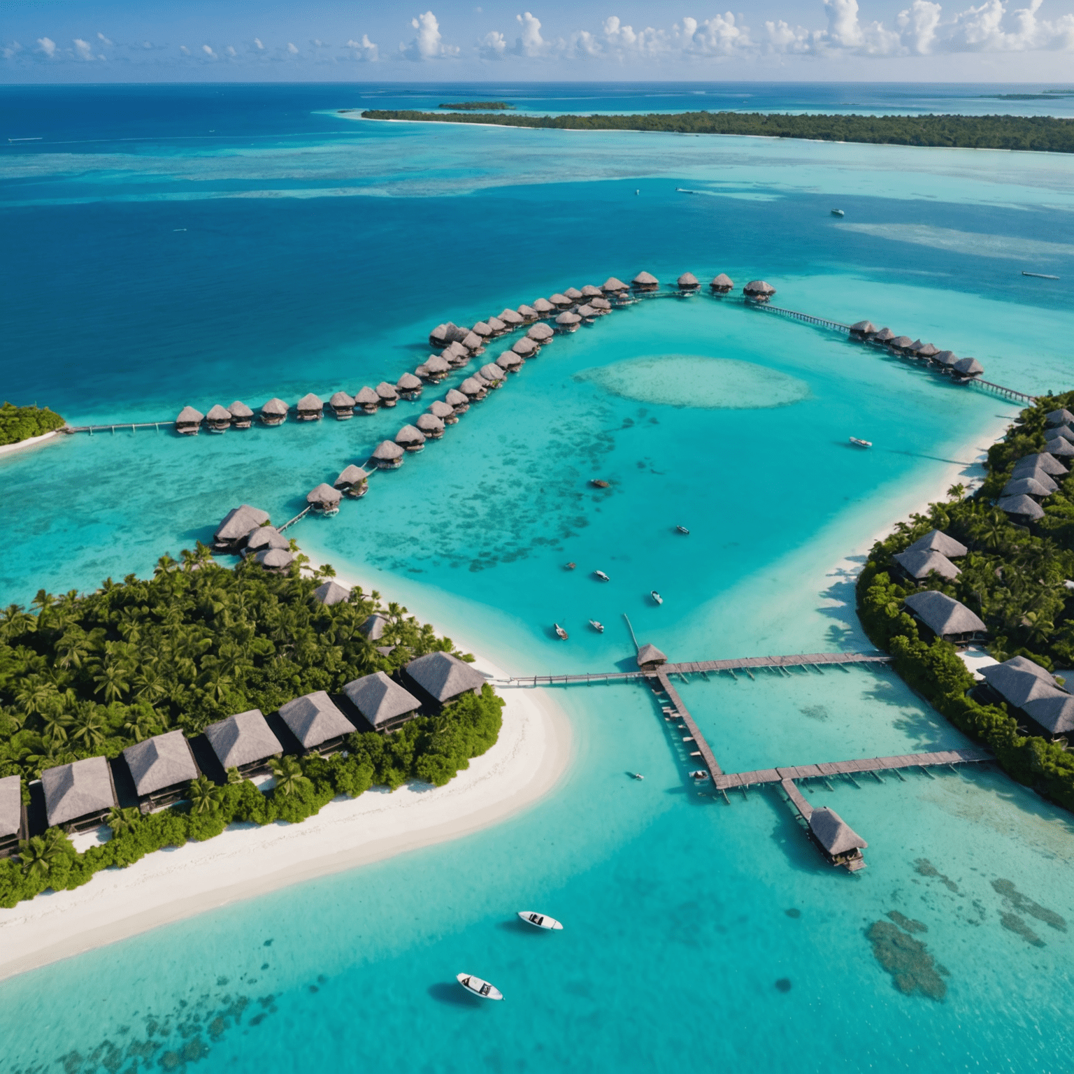 A stunning aerial view of a luxurious overwater bungalow resort with crystal clear turquoise waters and white sandy beaches