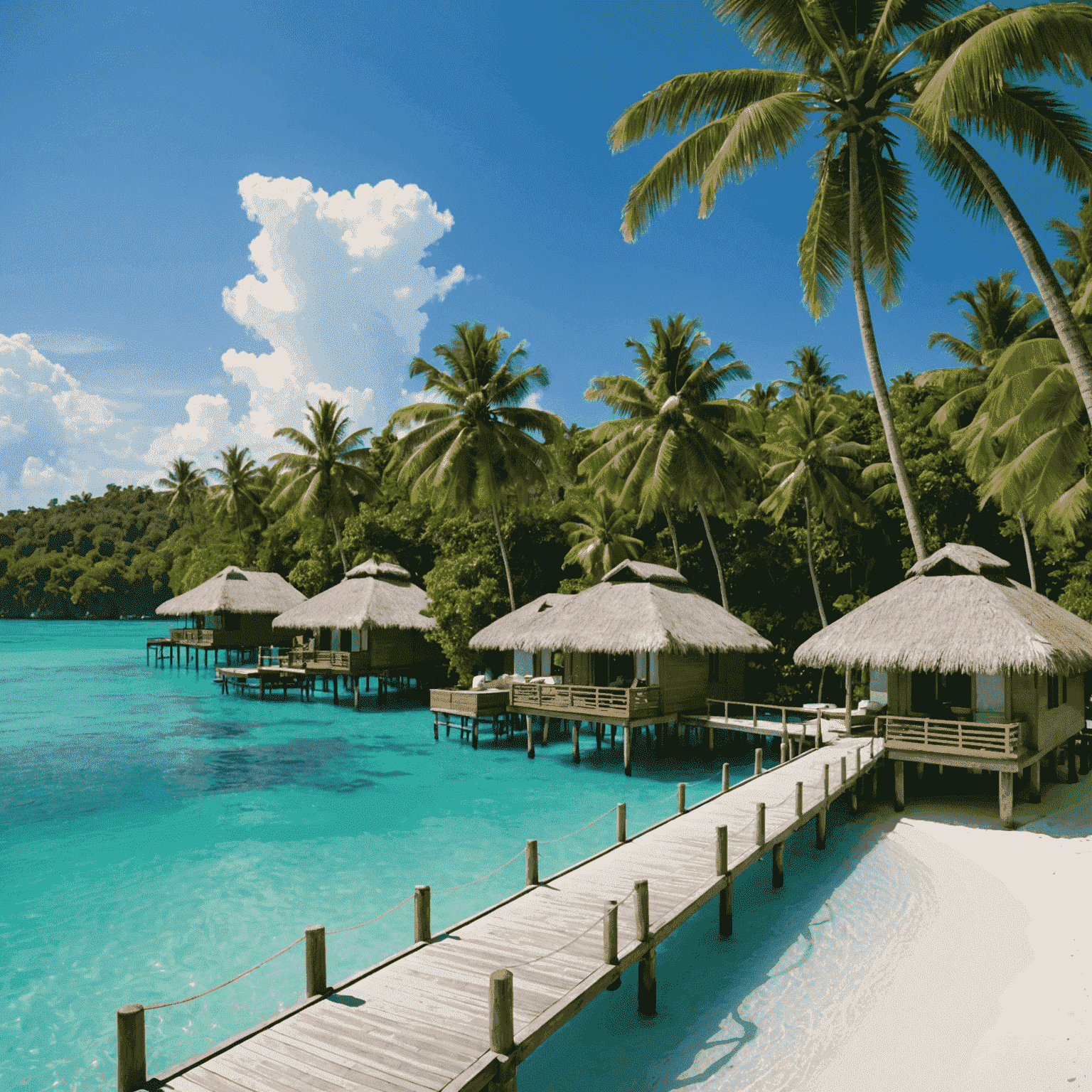 A secluded luxury resort nestled in a lush tropical forest, overlooking a pristine private beach. The resort features overwater bungalows with thatched roofs, connected by wooden walkways. Palm trees sway in the foreground, and the crystal-clear turquoise water stretches to the horizon.