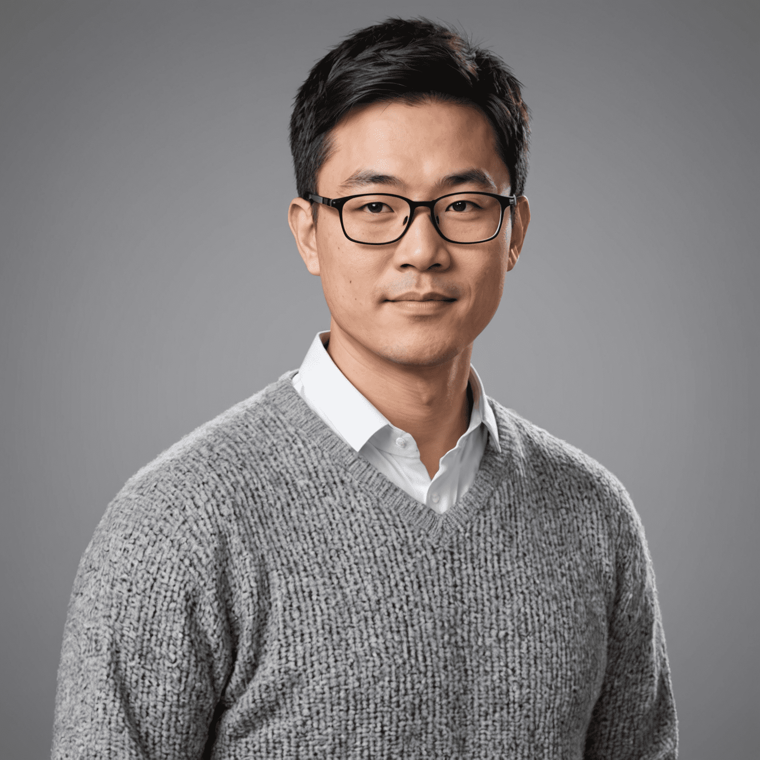 Portrait of James Chen, an Asian man in his 40s with short black hair and glasses, wearing a white shirt and gray sweater