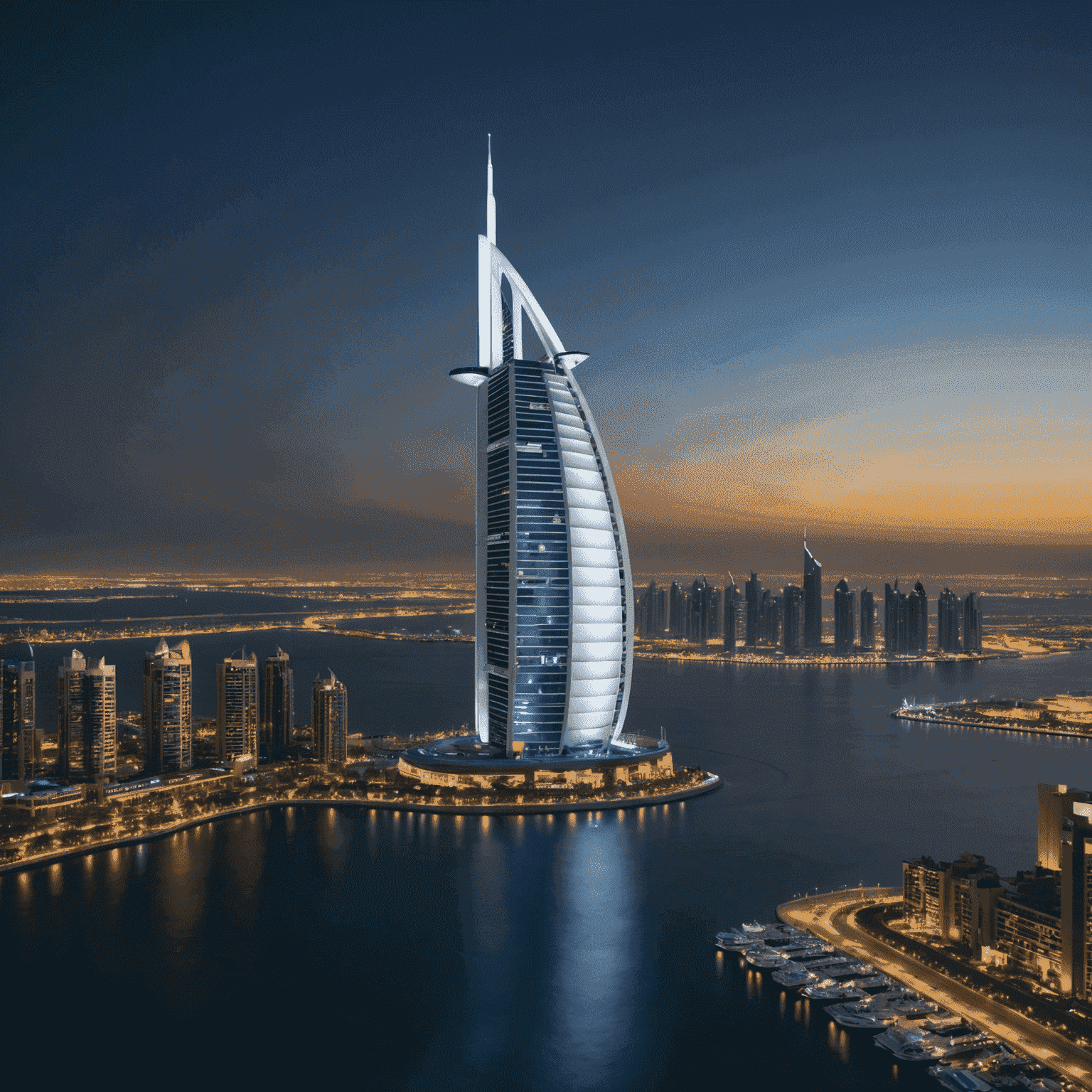 Burj Al Arab's sail-shaped silhouette against Dubai's futuristic skyline at night