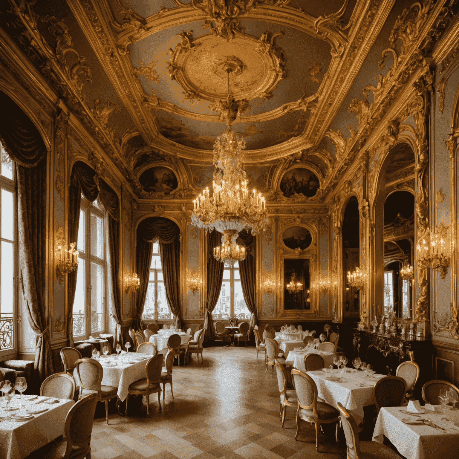 Opulent interior of Le Louis XV restaurant with gold decor and intricate ceiling designs