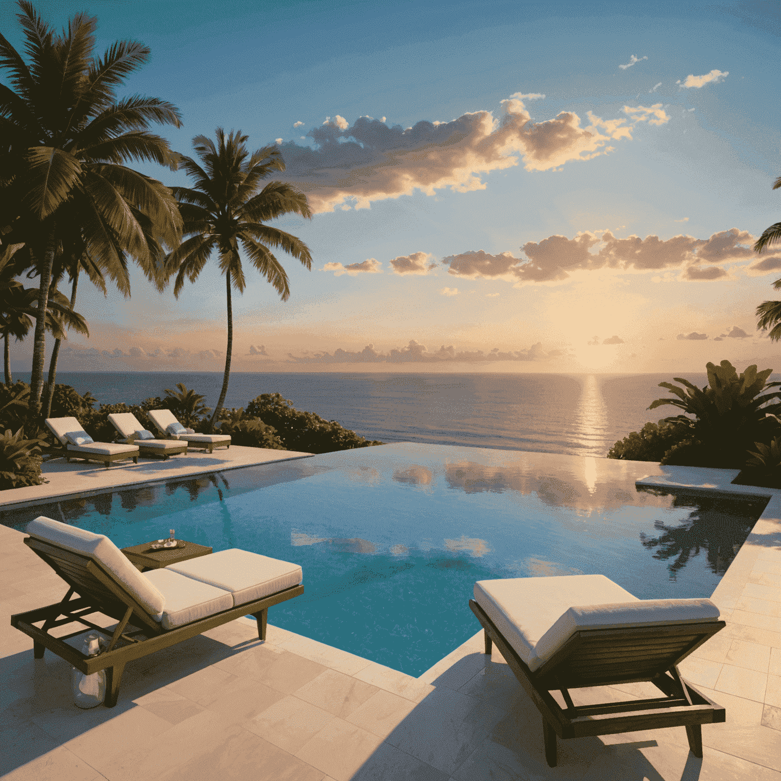 Infinity pool overlooking the ocean at sunset, with comfortable lounge chairs and tropical landscaping