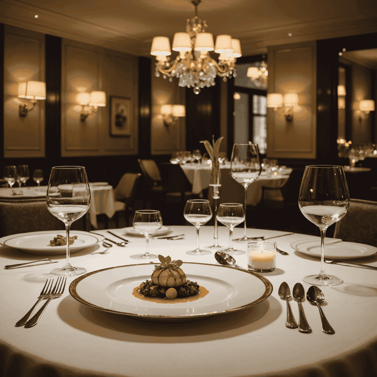 An elegantly set table in a Michelin-starred hotel restaurant. The image shows exquisite plating of a gourmet dish, with attention to detail in the presentation. The background reveals a sophisticated dining room with soft lighting, fine linens, and a glimpse of an open kitchen where chefs are at work.