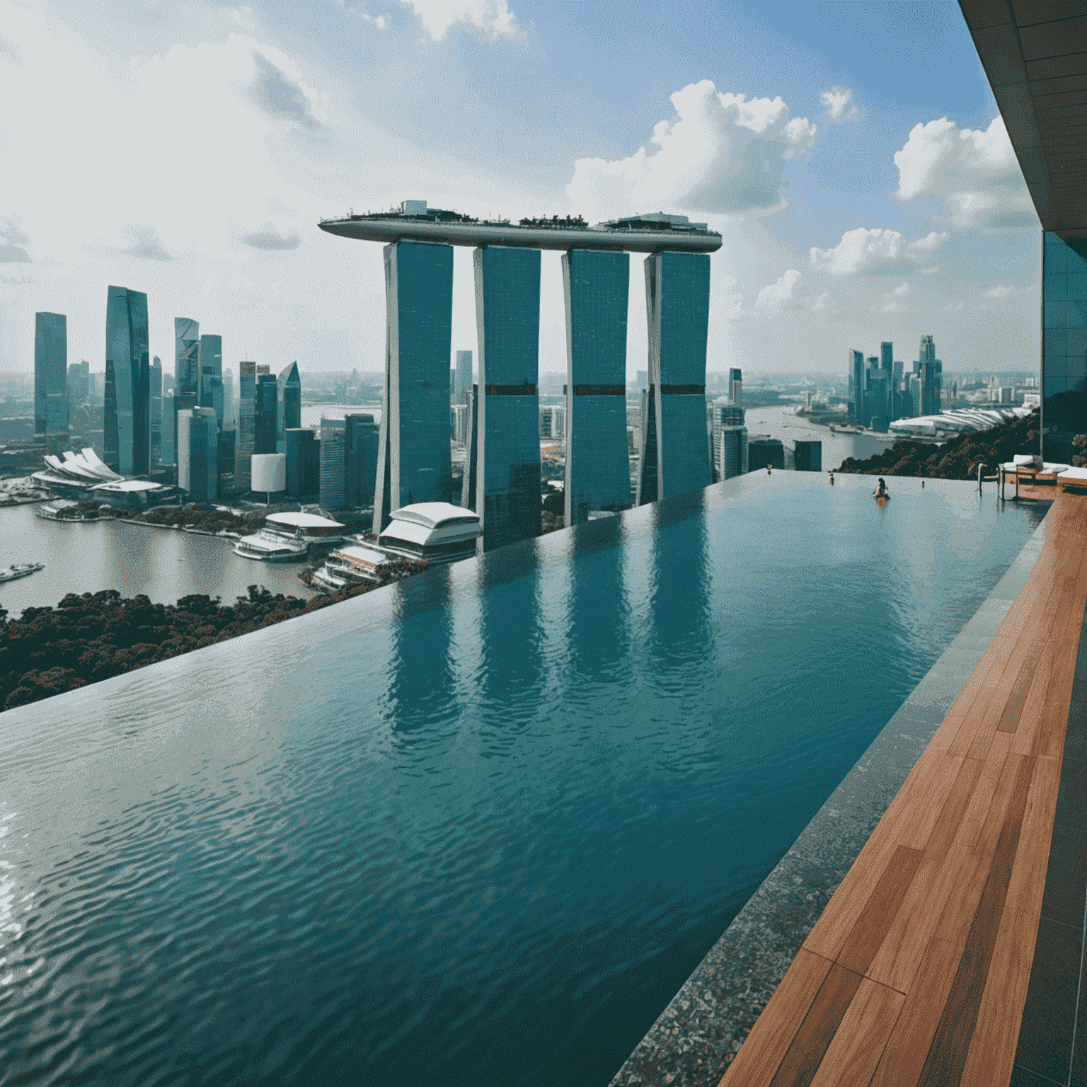 Marina Bay Sands' iconic rooftop infinity pool with Singapore's skyline in the background