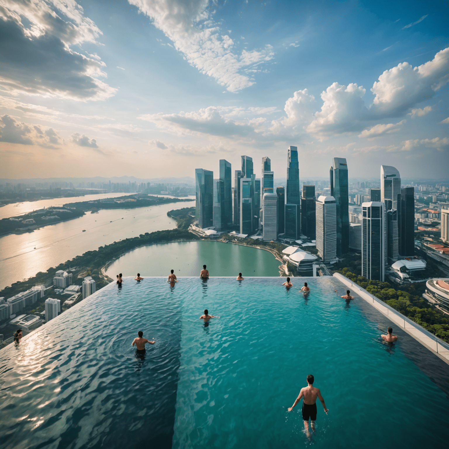 The stunning infinity pool atop Marina Bay Sands with swimmers enjoying the panoramic view of Singapore's skyline