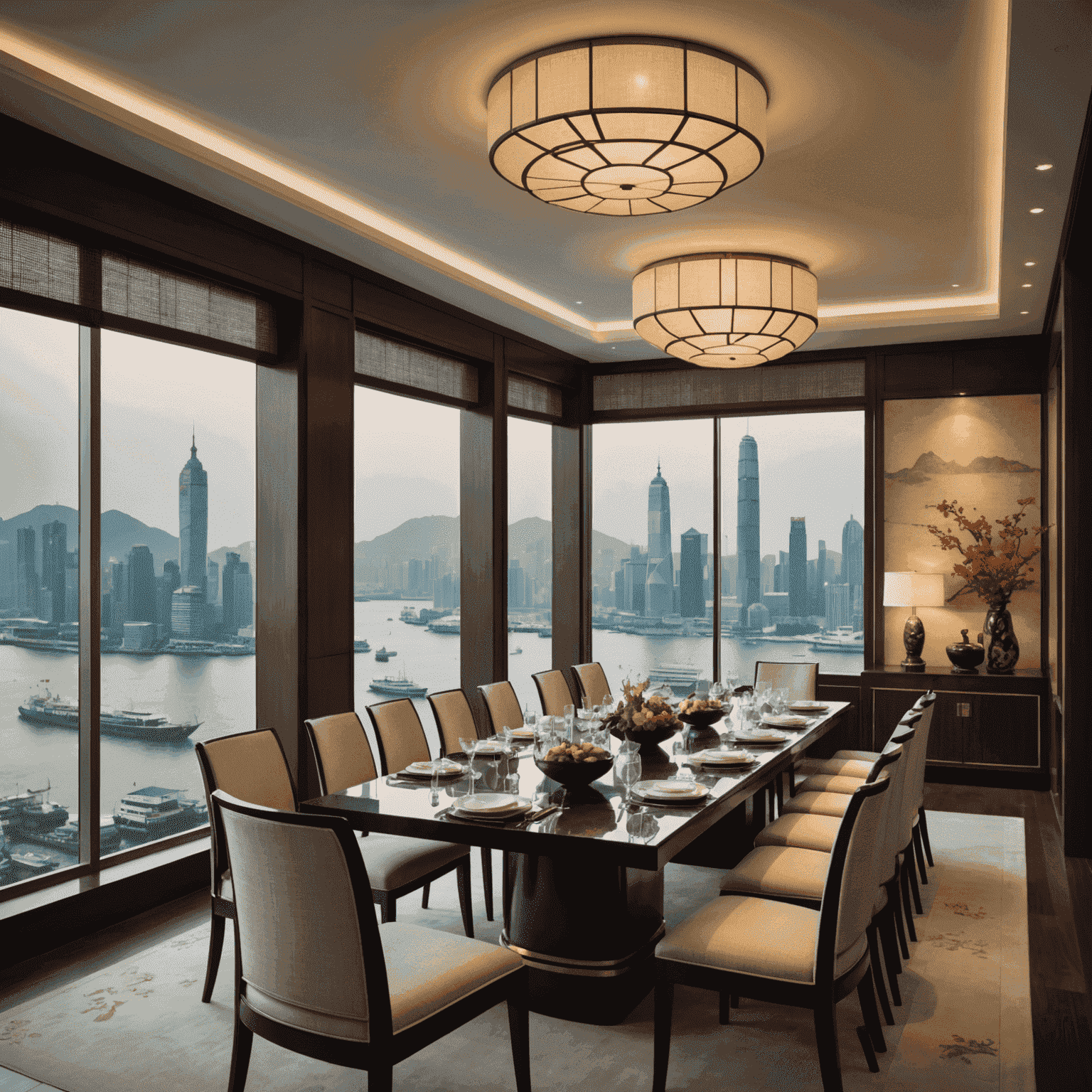 Modern Asian-inspired dining room of Lung King Heen with panoramic views of Victoria Harbour