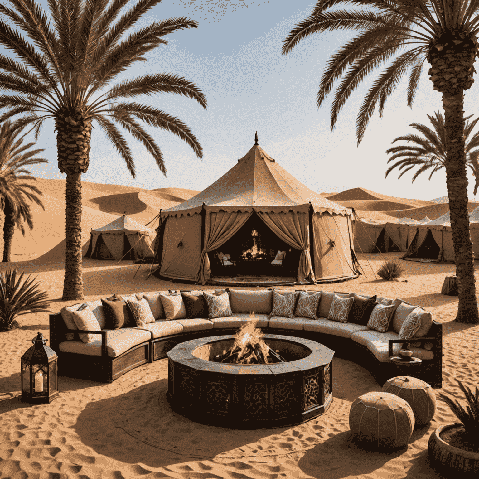 A luxurious desert camp set against the backdrop of golden sand dunes. Ornate Bedouin-style tents with plush interiors are arranged around a central fire pit. Palm trees and traditional Moroccan lanterns add to the magical atmosphere.