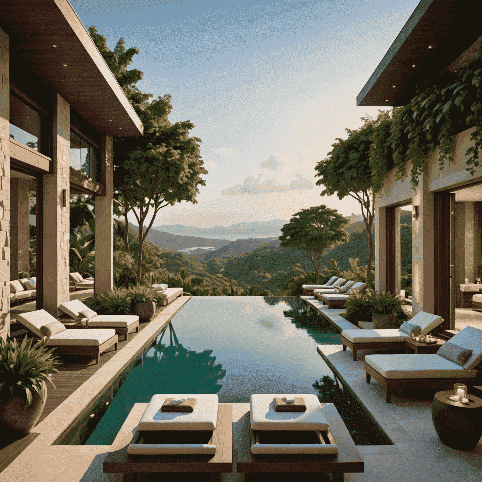 A serene and opulent hotel spa setting. The image features a tranquil infinity pool overlooking a scenic landscape, surrounded by private treatment cabanas. Plush lounge chairs, ambient lighting, and lush greenery create an atmosphere of ultimate relaxation and indulgence.