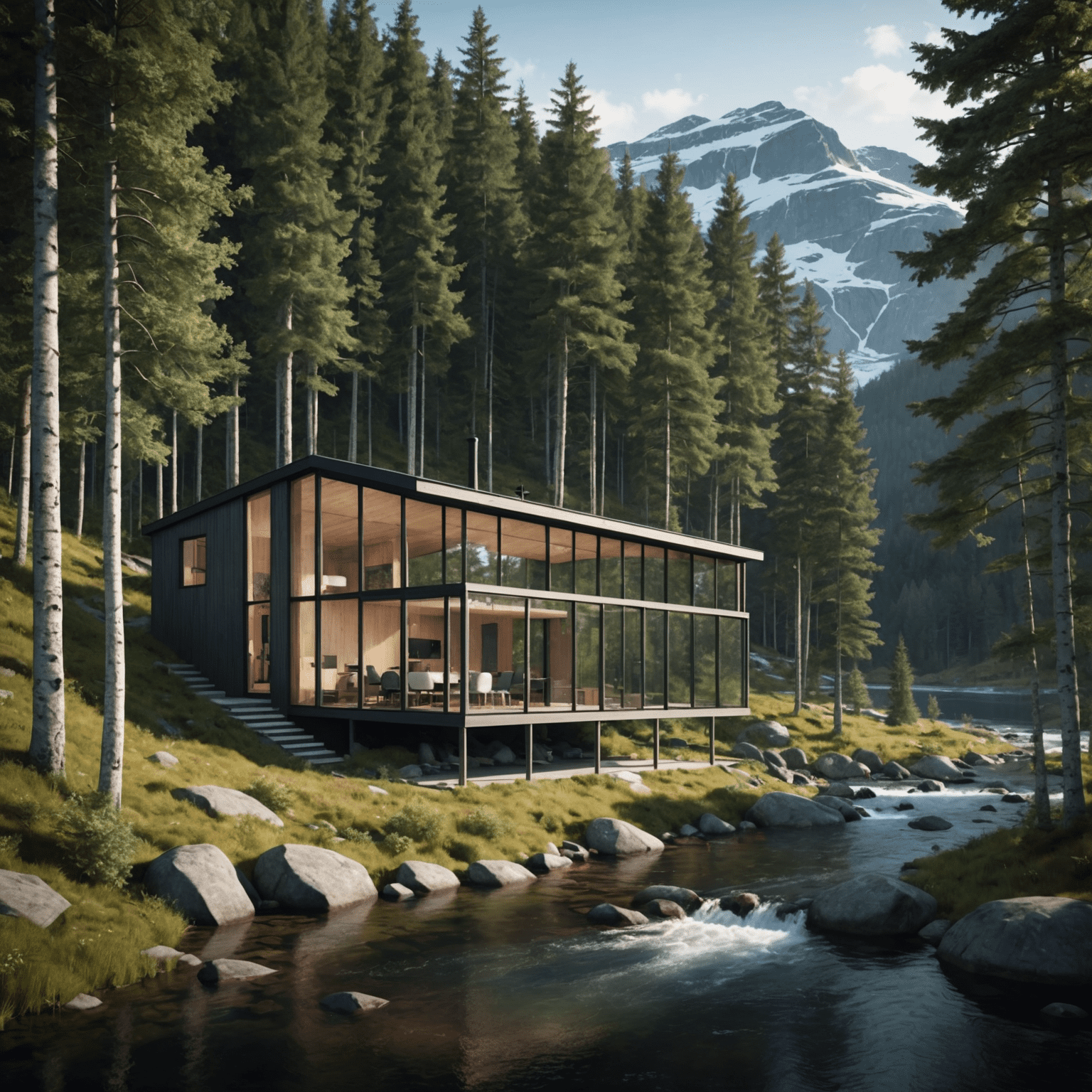 A modern, glass-walled cabin nestled in a lush Norwegian forest with a view of snow-capped mountains and a serene river