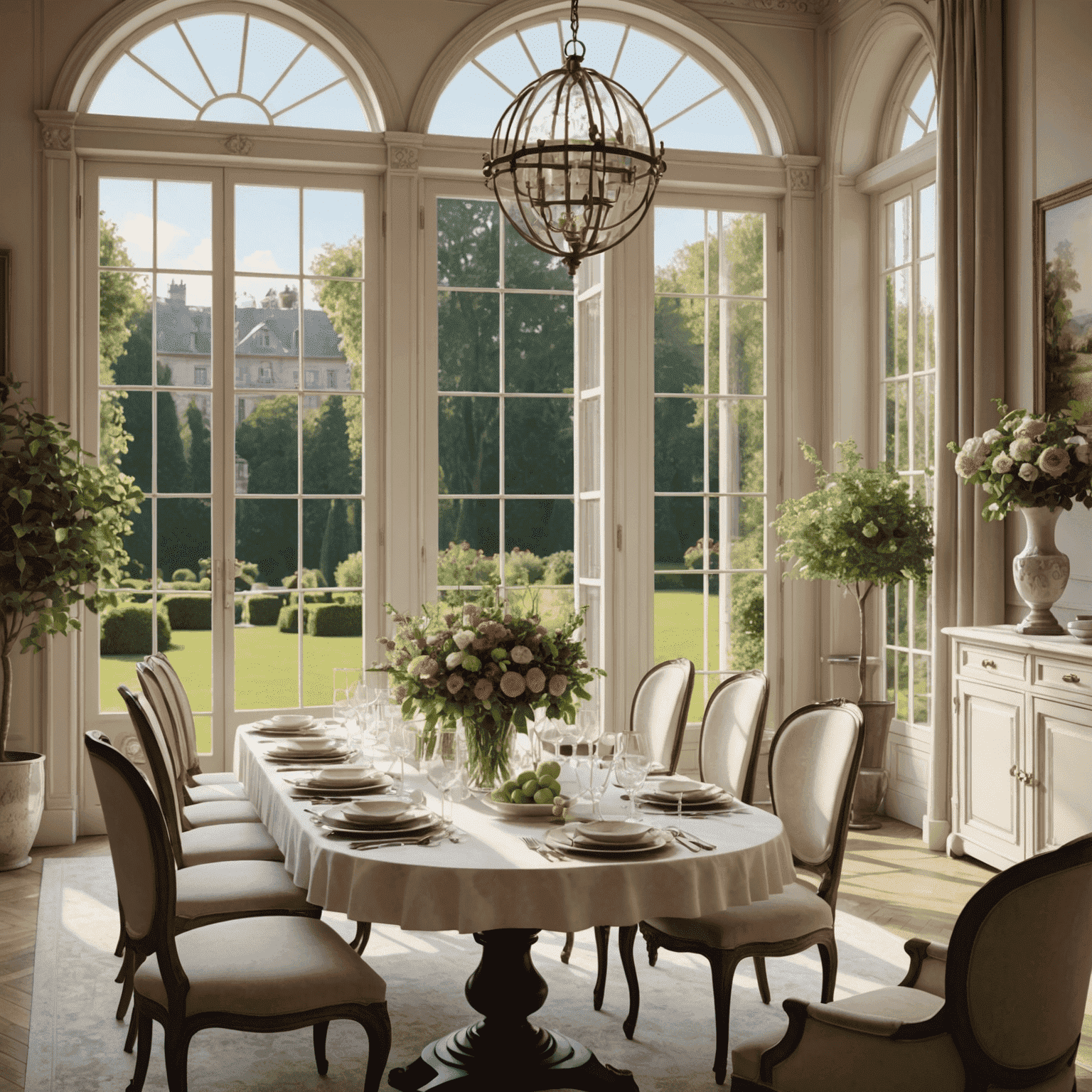 Elegant and bright dining room of Epicure with large windows overlooking a French garden