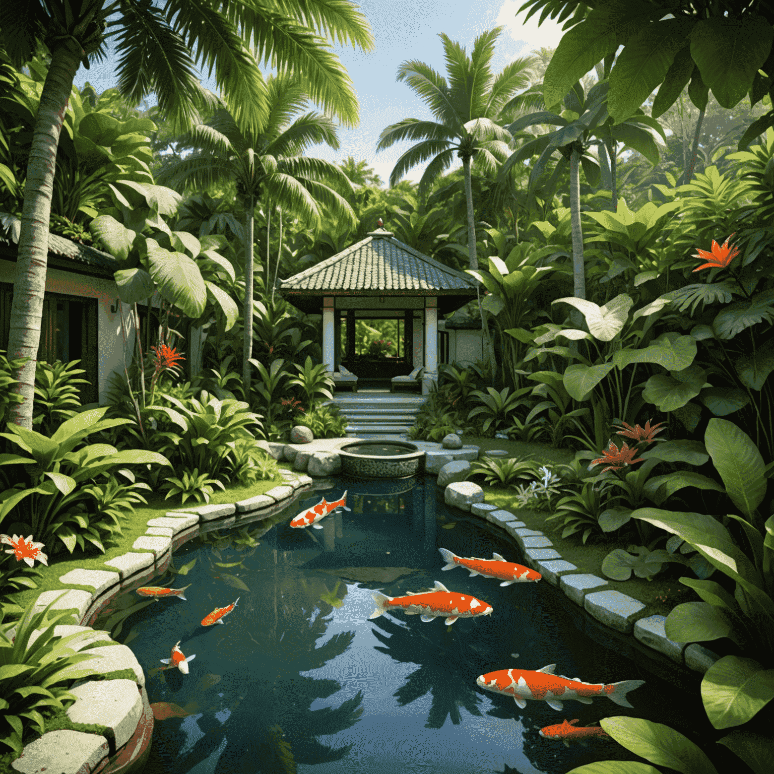 Lush tropical garden with private treatment bungalows and a serene koi pond