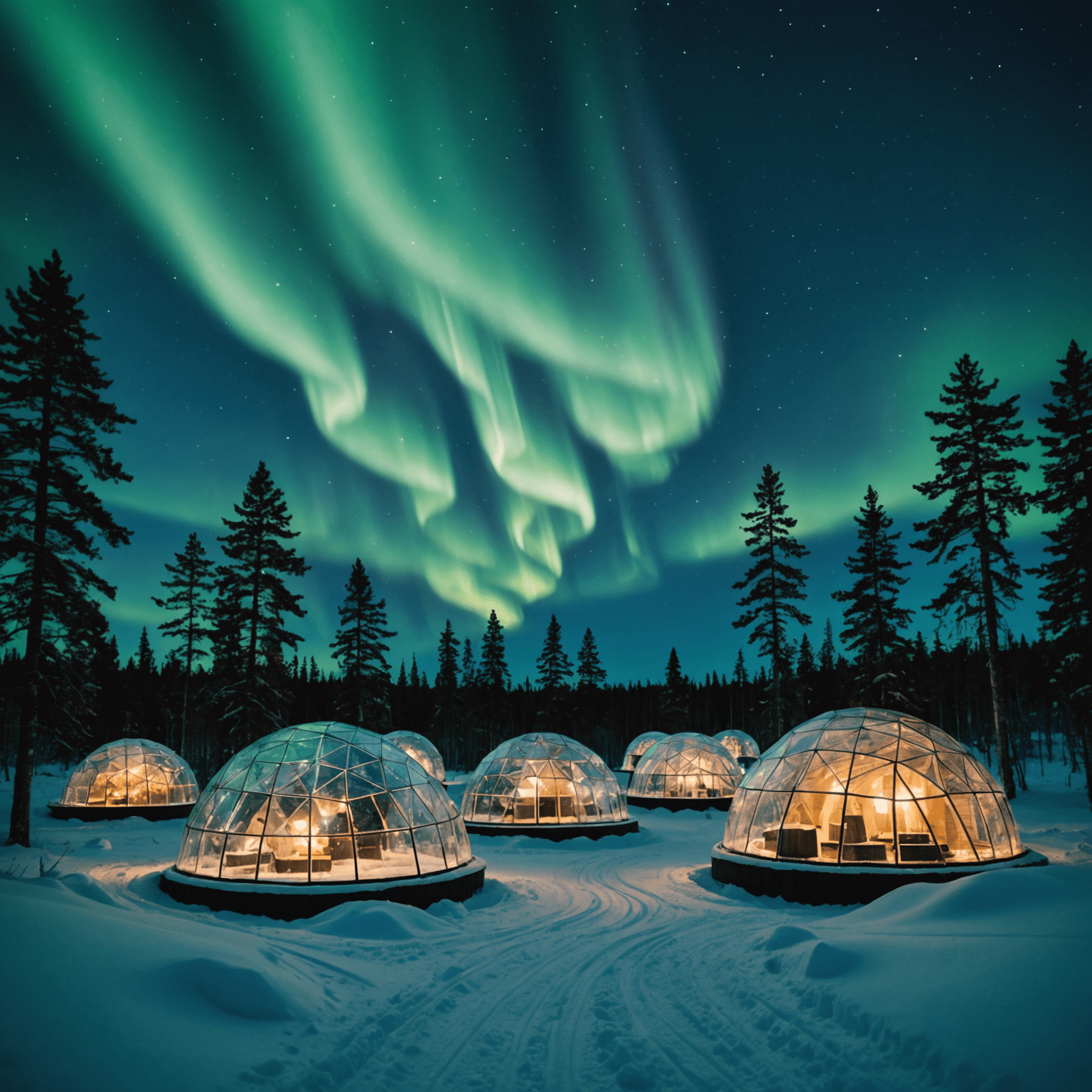 A cluster of glass igloos set in a snowy Finnish landscape. Each igloo has a clear dome roof for viewing the Northern Lights. The igloos are warmly lit from within, contrasting with the dark, star-filled sky above. Aurora Borealis can be seen dancing in the background.