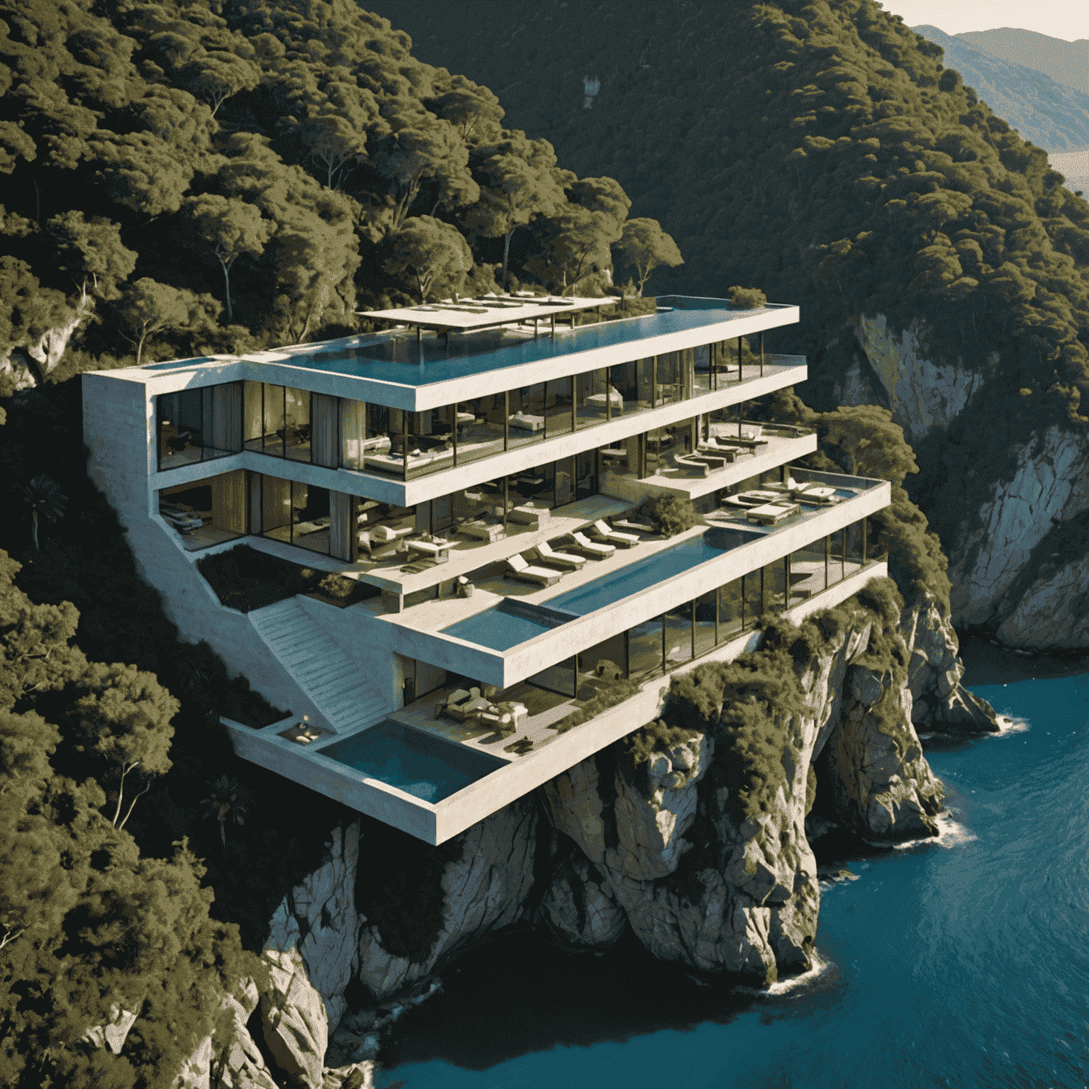 A secluded luxury hotel nestled in a breathtaking natural setting. The image shows a boutique property with unique architecture blending into its surroundings, perhaps built into a cliff face or hidden in a lush forest. The hotel features private villas, an infinity pool, and panoramic views of an unspoiled landscape.