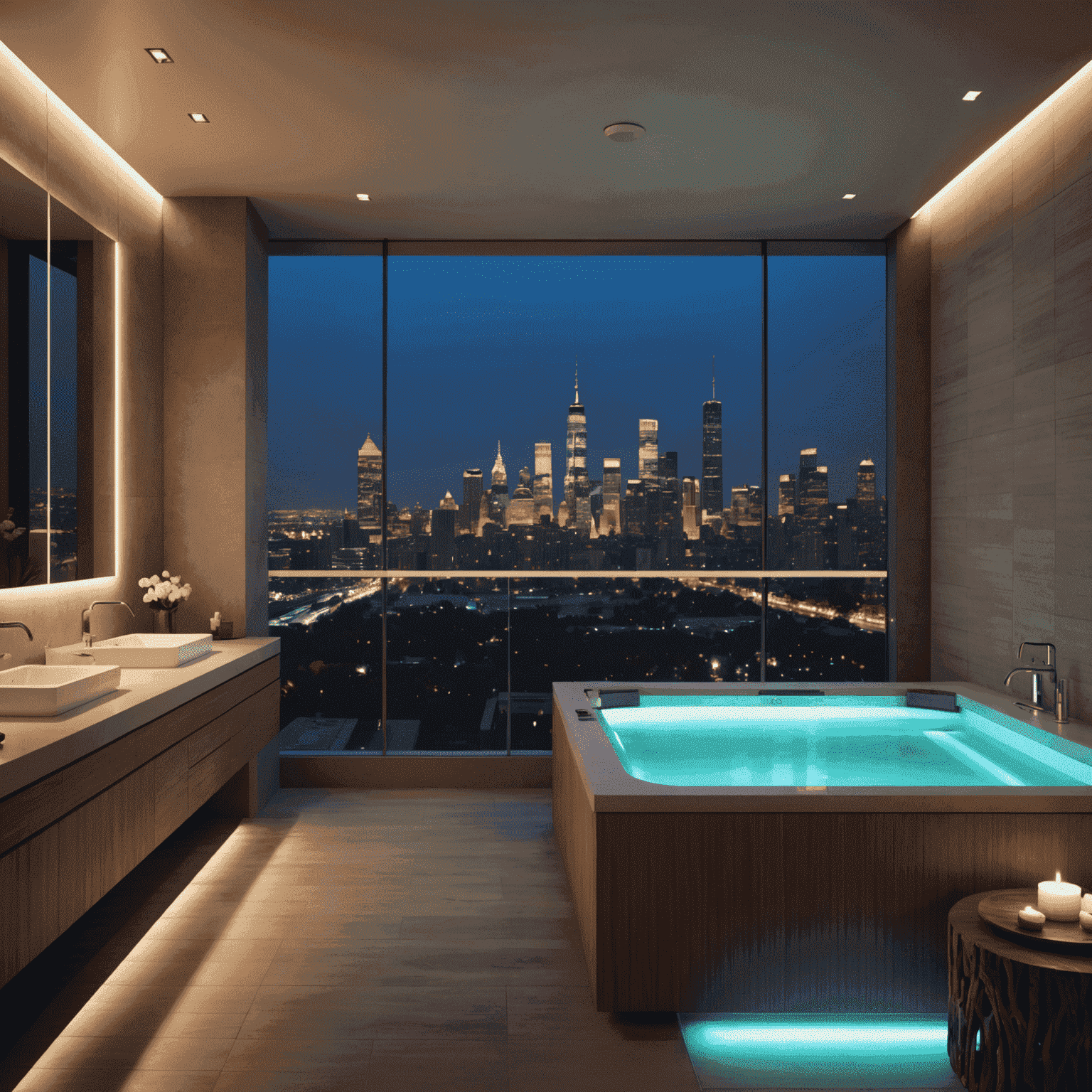 Modern, minimalist spa interior with sleek design, ambient lighting, and city skyline views