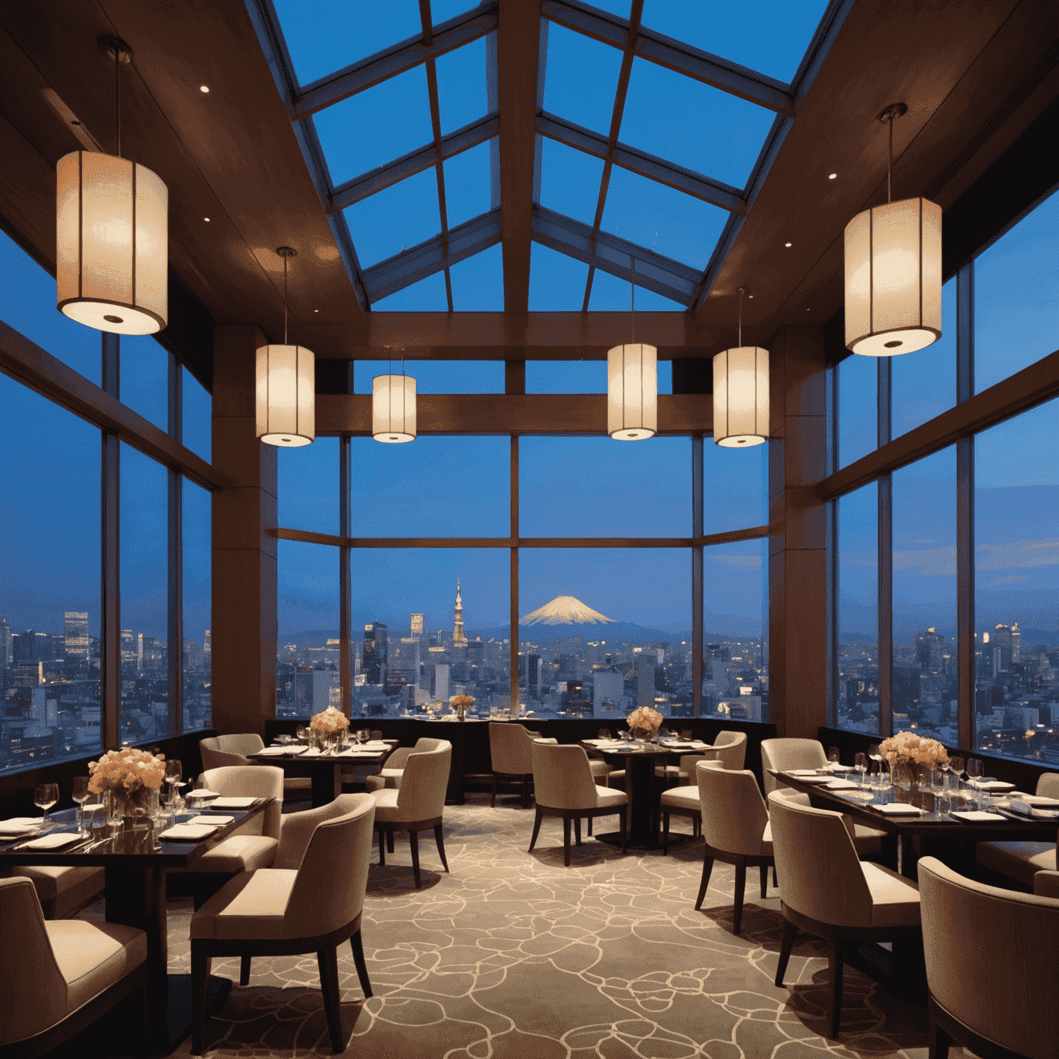 Mandarin Oriental Tokyo's restaurant with floor-to-ceiling windows showcasing Mount Fuji and Tokyo's skyline