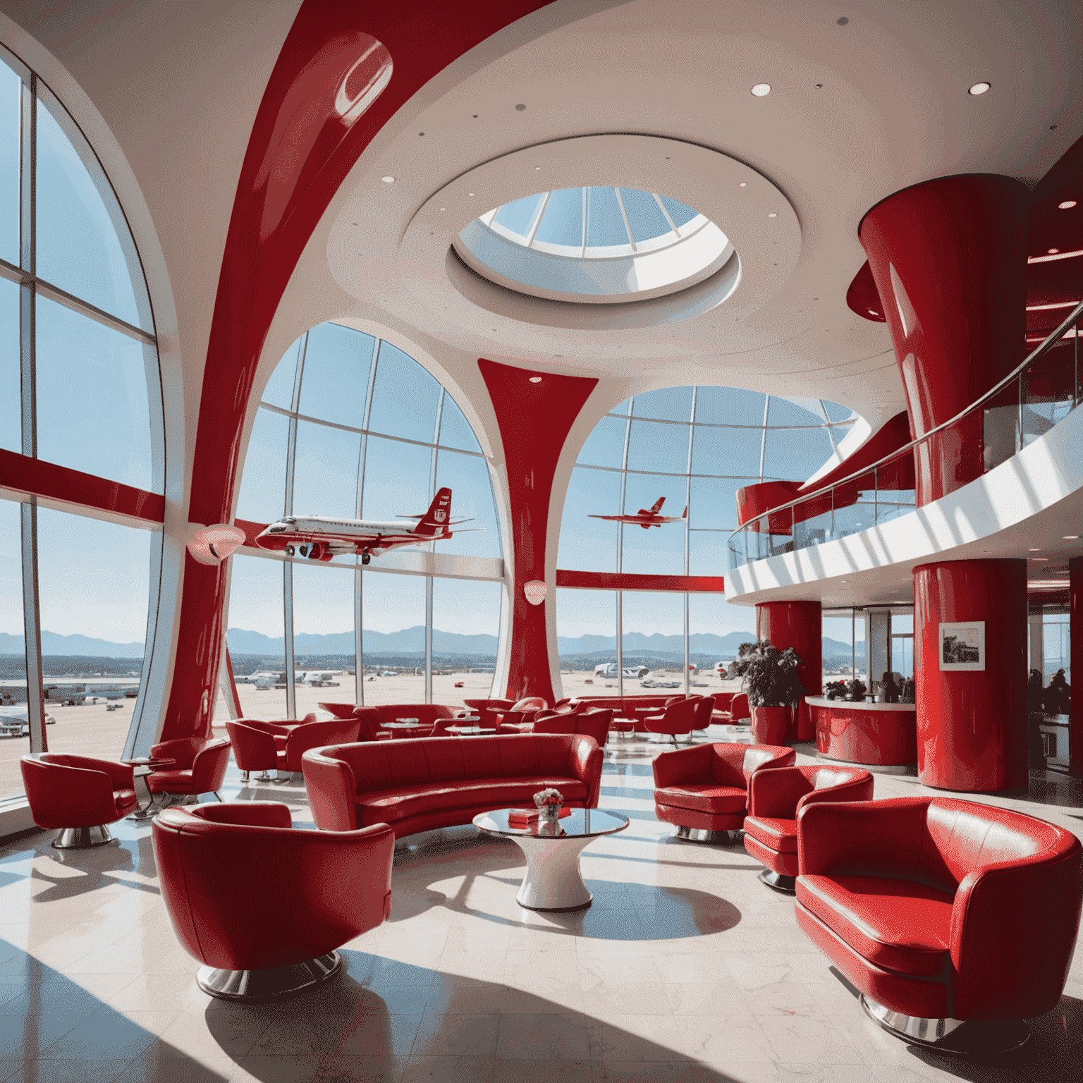 The striking red and white interior of the TWA Hotel lobby with its curved walls, period furniture, and a view of a vintage airplane through large windows