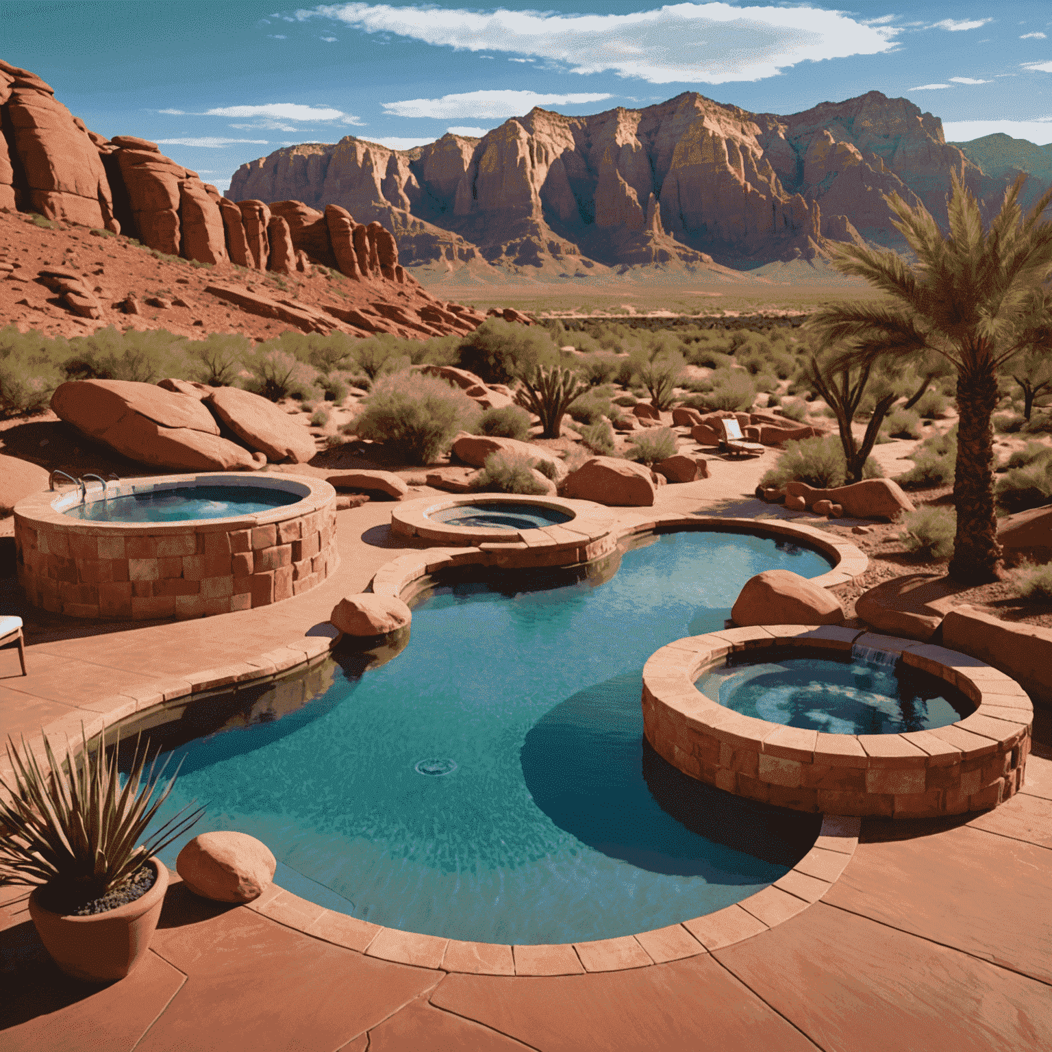 Outdoor spa area with private pools, surrounded by red rock formations and desert landscape