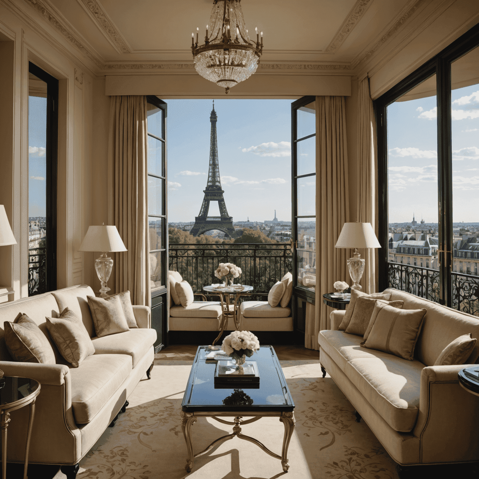 Four Seasons Hotel George V's terrace suite with a balcony overlooking the Eiffel Tower and Parisian rooftops