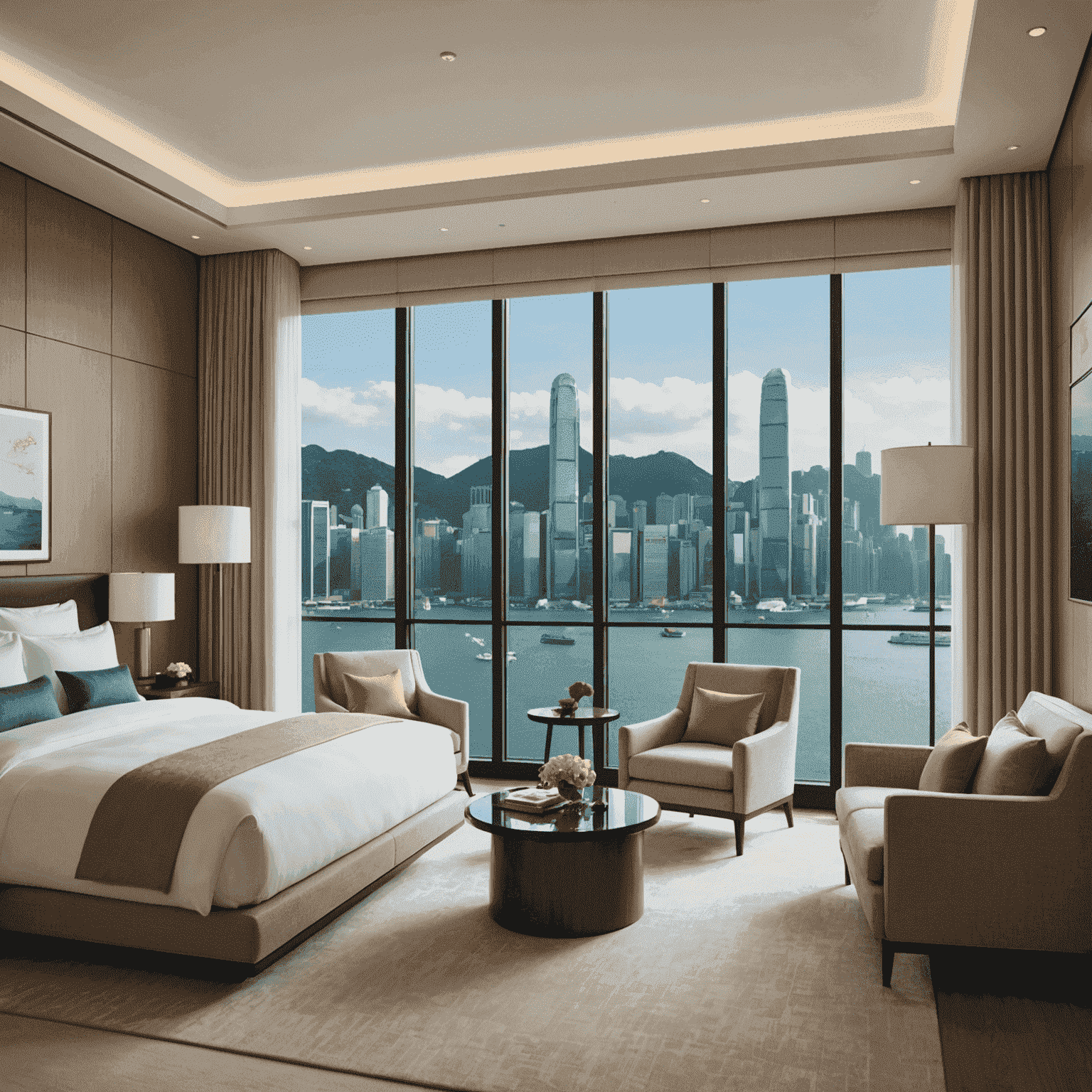 The Upper House's minimalist suite with panoramic windows framing Victoria Harbour and Hong Kong Island