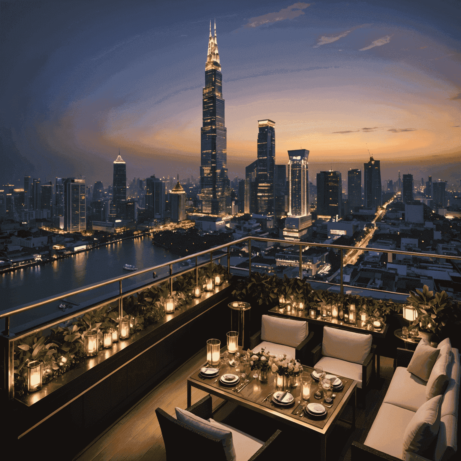 Waldorf Astoria Bangkok's rooftop bar with a glittering view of Bangkok's skyline at night