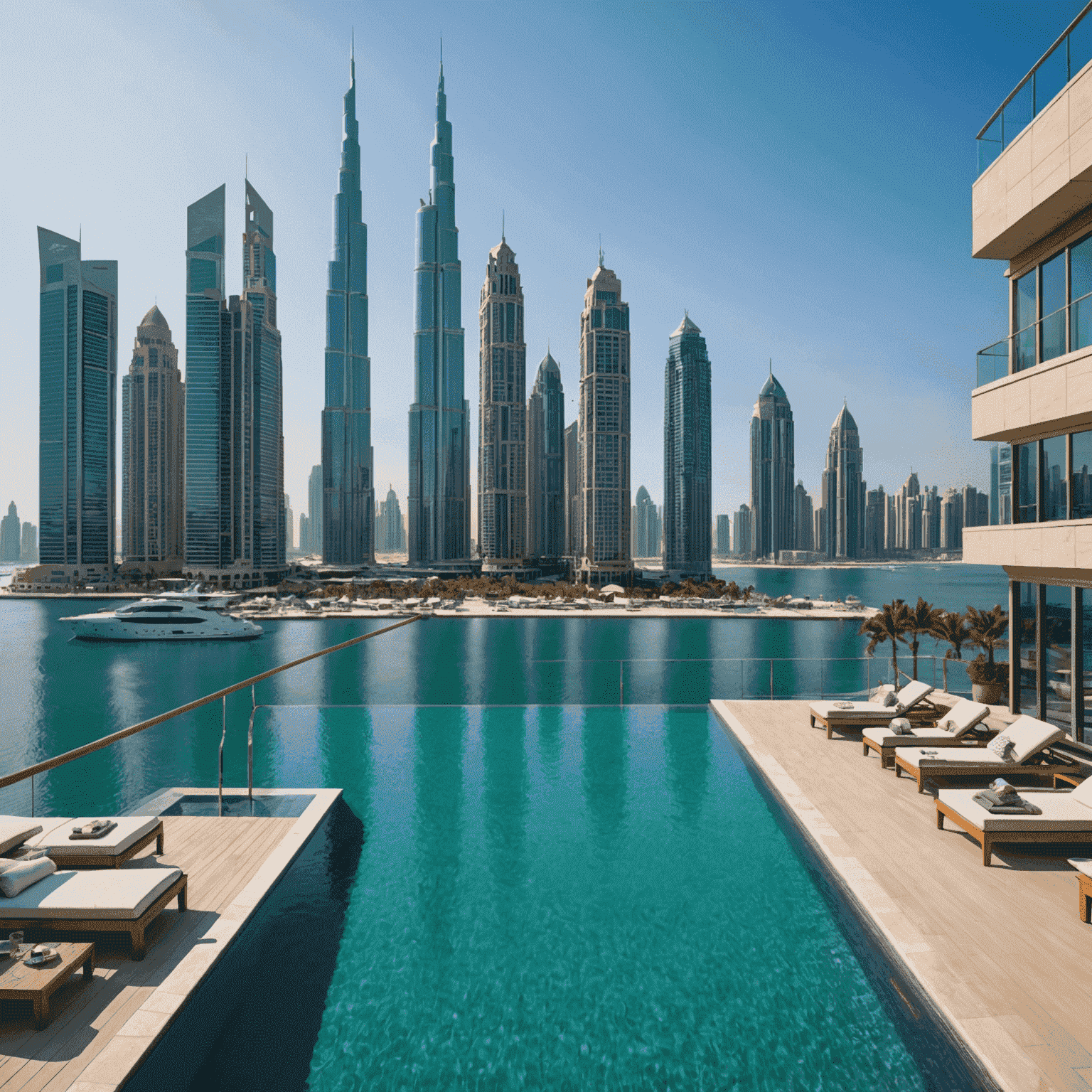 InterContinental Dubai Marina's infinity pool overlooking the Dubai Marina skyline and yacht-filled waters